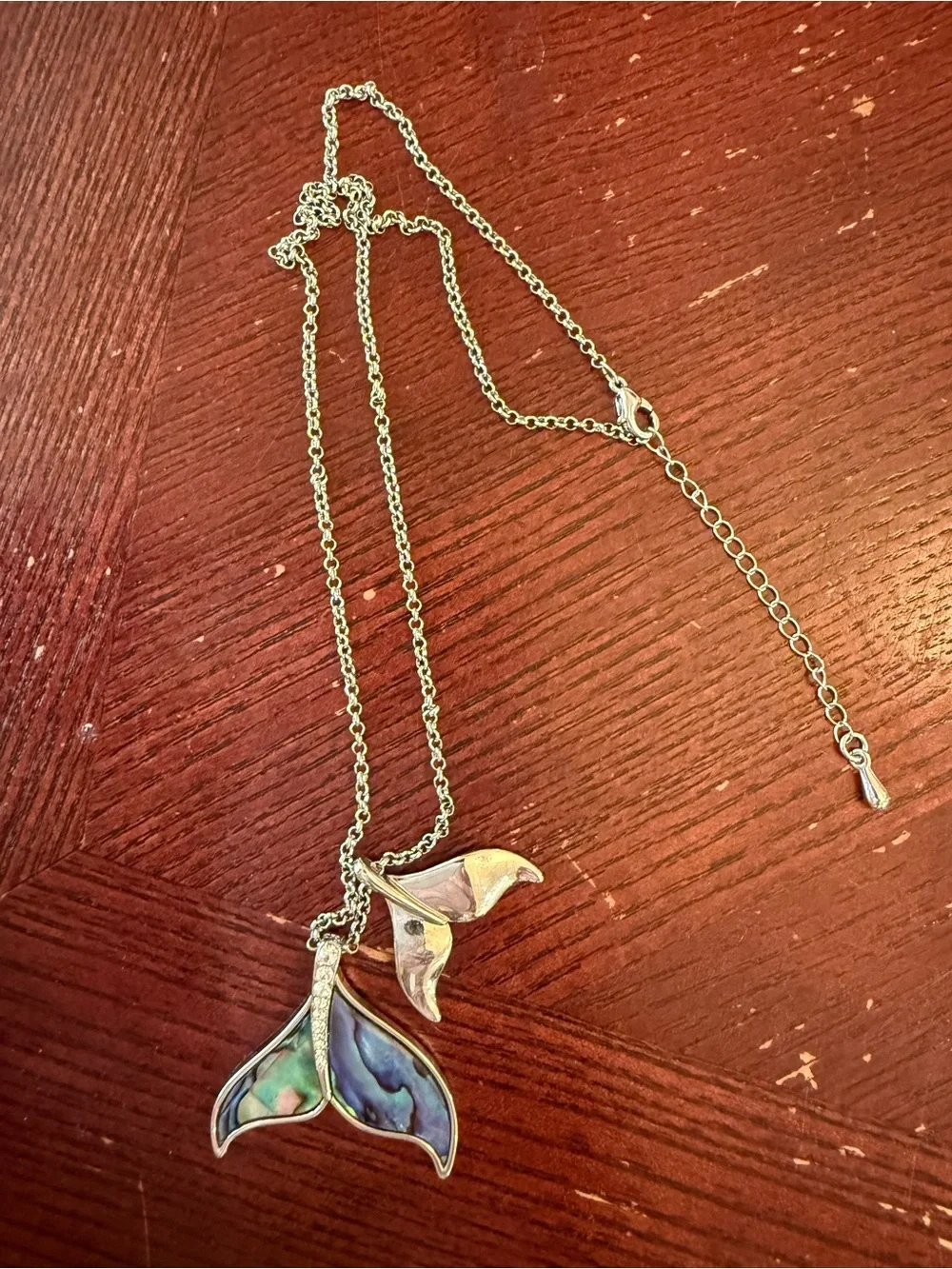 Silver and Abalone double Whale Tail Pendant Necklace - Blue Green Shell